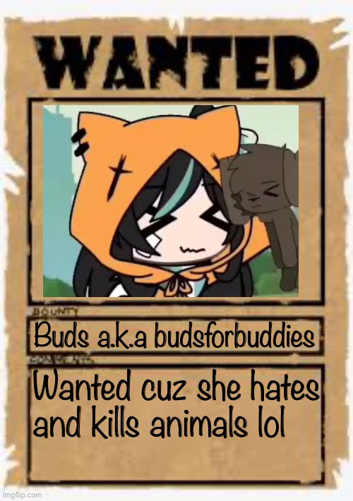 This is somehow my AU related meme lol, I hate budsforbuddies…you can comment this meme if you want! | Buds a.k.a budsforbuddies; Wanted cuz she hates and kills animals lol | image tagged in wanted poster deluxe,wanted poster,cowboy,fun | made w/ Imgflip meme maker