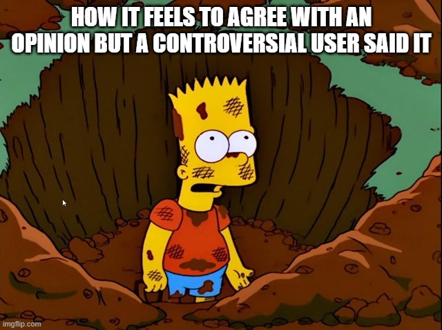 Oppressed Homer | HOW IT FEELS TO AGREE WITH AN OPINION BUT A CONTROVERSIAL USER SAID IT | image tagged in oppressed homer | made w/ Imgflip meme maker
