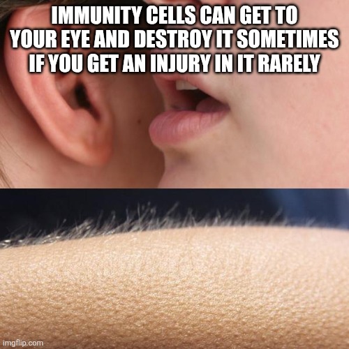it could happen at any moment now.. | IMMUNITY CELLS CAN GET TO YOUR EYE AND DESTROY IT SOMETIMES IF YOU GET AN INJURY IN IT RARELY | image tagged in whisper and goosebumps,facts,scary,phobia,eyes,what a terrible day to have eyes | made w/ Imgflip meme maker