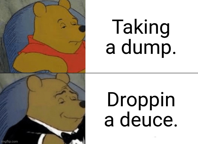 What poo says about poo | Taking a dump. Droppin a deuce. | image tagged in memes,tuxedo winnie the pooh,pooping | made w/ Imgflip meme maker