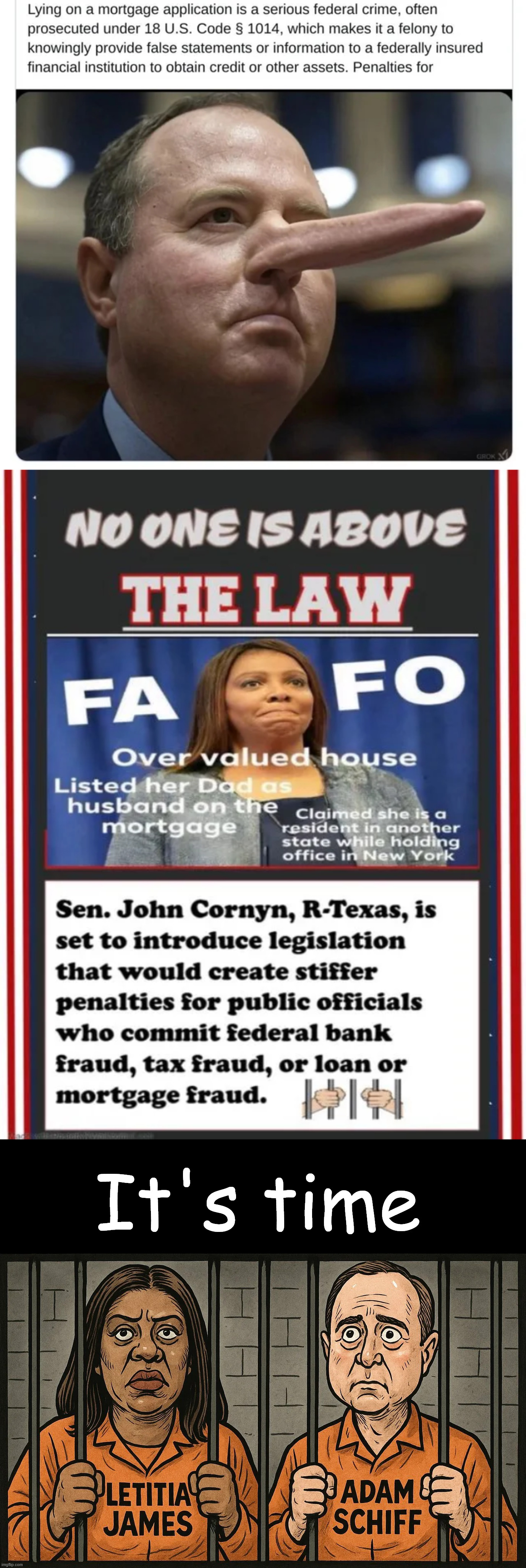 It's time | It's time | image tagged in letitia james,adam schiff,it's time,morgage fraud | made w/ Imgflip meme maker