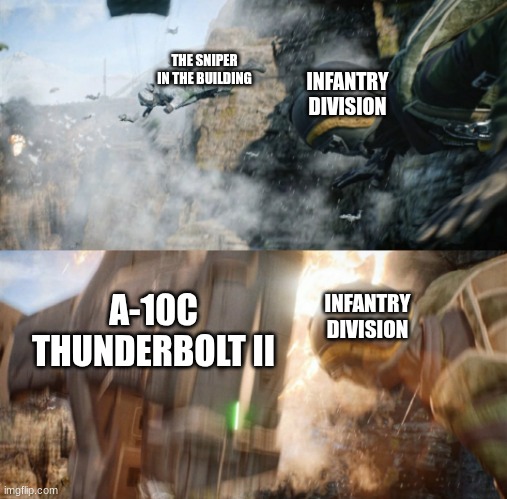 Battlefield 2042 Meme I found on Twitter | INFANTRY DIVISION A-10C THUNDERBOLT II THE SNIPER IN THE BUILDING INFANTRY DIVISION | image tagged in battlefield 2042 meme i found on twitter | made w/ Imgflip meme maker