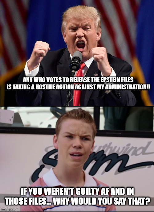 ANY WHO VOTES TO RELEASE THE EPSTEIN FILES IS TAKING A HOSTILE ACTION AGAINST MY ADMINISTRATION!! IF YOU WEREN'T GUILTY AF AND IN THOSE FILES... WHY WOULD YOU SAY THAT? | image tagged in angry donald trump,you guys are getting paid | made w/ Imgflip meme maker