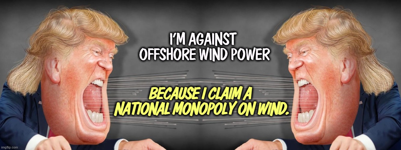 I'M AGAINST 
OFFSHORE WIND POWER; BECAUSE I CLAIM A 
NATIONAL MONOPOLY ON WIND. | image tagged in trump,wind,wind power,fossil fuel,bribe | made w/ Imgflip meme maker