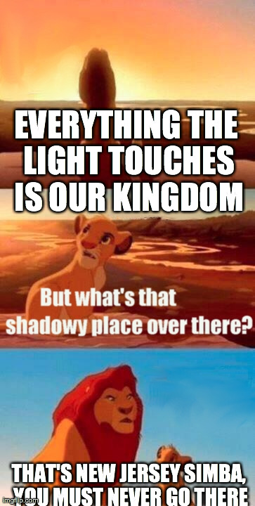Simba Shadowy Place Meme | EVERYTHING THE LIGHT TOUCHES IS OUR KINGDOM THAT'S NEW JERSEY SIMBA, YOU MUST NEVER GO THERE | image tagged in memes,simba shadowy place | made w/ Imgflip meme maker