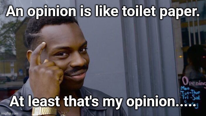 Whats yours | An opinion is like toilet paper. At least that's my opinion..... | image tagged in memes,roll safe think about it,opinions | made w/ Imgflip meme maker