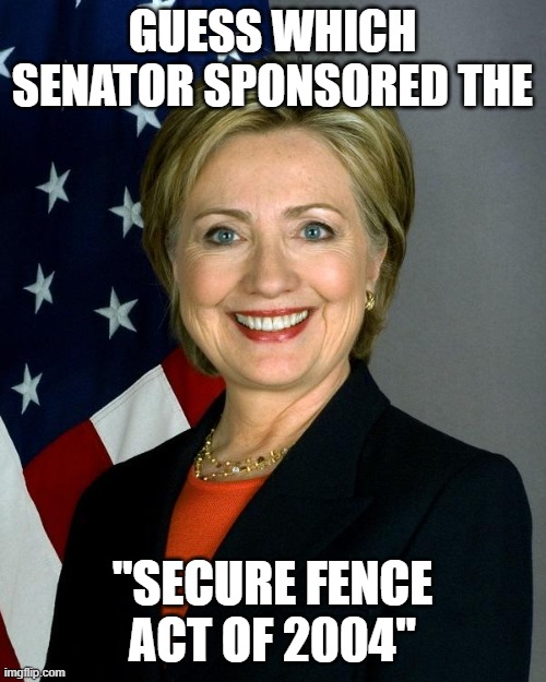 Hillary Clinton Meme | GUESS WHICH SENATOR SPONSORED THE "SECURE FENCE ACT OF 2004" | image tagged in memes,hillary clinton | made w/ Imgflip meme maker