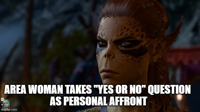 The Onion goes to Baldur's Gate | AREA WOMAN TAKES "YES OR NO" QUESTION
 AS PERSONAL AFFRONT | image tagged in unamused lae'zel,area lae'zel,onion lae'zel | made w/ Imgflip meme maker