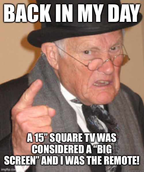 Back in my day | BACK IN MY DAY; A 15” SQUARE TV WAS CONSIDERED A “BIG SCREEN” AND I WAS THE REMOTE! | image tagged in memes,back in my day | made w/ Imgflip meme maker