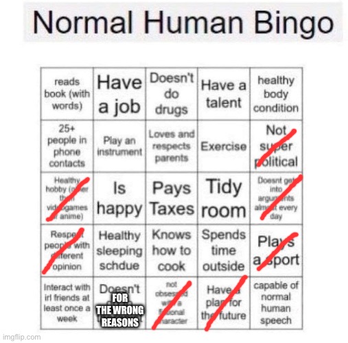 Normal human bingo | FOR THE WRONG REASONS | image tagged in normal human bingo | made w/ Imgflip meme maker