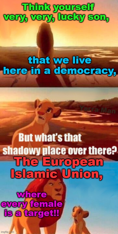 For those who live in a decent place, be thankful, for many countries that were democratic are lost. | Think yourself very, very, lucky son, that we live here in a democracy, Yarra Man; The European Islamic Union, where every female is a target!! | image tagged in simba shadowy place,european islamic union von deer leyen,stalin starmer united islamic kingdom,france germany belgium holland | made w/ Imgflip meme maker