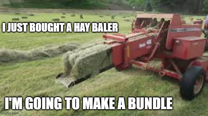 I bought a hay bailer. I'm going to make a bundle !! | I JUST BOUGHT A HAY BALER; I'M GOING TO MAKE A BUNDLE | image tagged in funny,humor,play on words,funny meme,hay,farmer | made w/ Imgflip meme maker