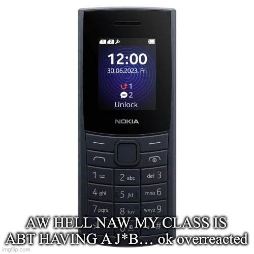 nokia 110 4g | AW HELL NAW MY CLASS IS ABT HAVING A J*B… ok overreacted | image tagged in nokia 110 4g | made w/ Imgflip meme maker