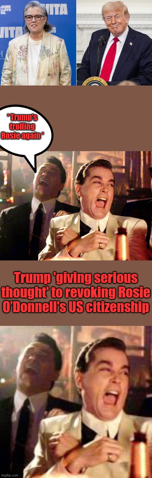 Poor Rosie | ' Trump's trolling Rosie again '; Trump 'giving serious thought' to revoking Rosie O’Donnell's US citizenship | image tagged in memes,good fellas hilarious | made w/ Imgflip meme maker