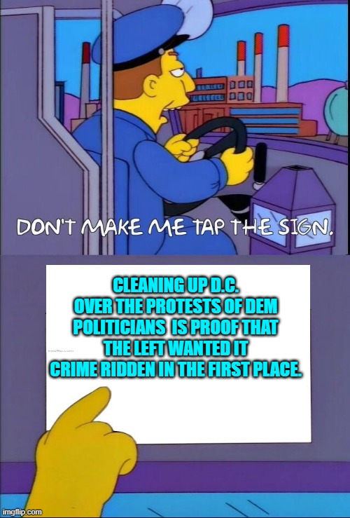 But WHY do they want the cities they control, crime ridden? | CLEANING UP D.C. OVER THE PROTESTS OF DEM POLITICIANS  IS PROOF THAT THE LEFT WANTED IT CRIME RIDDEN IN THE FIRST PLACE. | image tagged in don't make me tap the sign | made w/ Imgflip meme maker