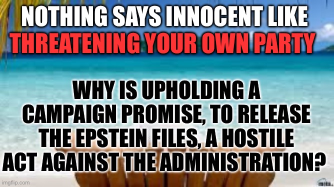 Question | NOTHING SAYS INNOCENT LIKE; THREATENING YOUR OWN PARTY; WHY IS UPHOLDING A CAMPAIGN PROMISE, TO RELEASE THE EPSTEIN FILES, A HOSTILE ACT AGAINST THE ADMINISTRATION? | image tagged in vacation beach | made w/ Imgflip meme maker