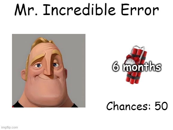 Mr Incredible Error 1 (Part 1A) | Mr. Incredible Error; 6 months; Chances: 50 | image tagged in barney error | made w/ Imgflip meme maker