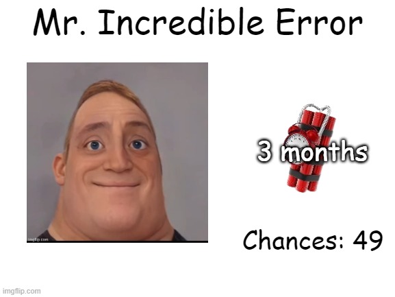 Mr Incredible Error 1 (Part 1B) | Mr. Incredible Error; 3 months; Chances: 49 | image tagged in barney error | made w/ Imgflip meme maker
