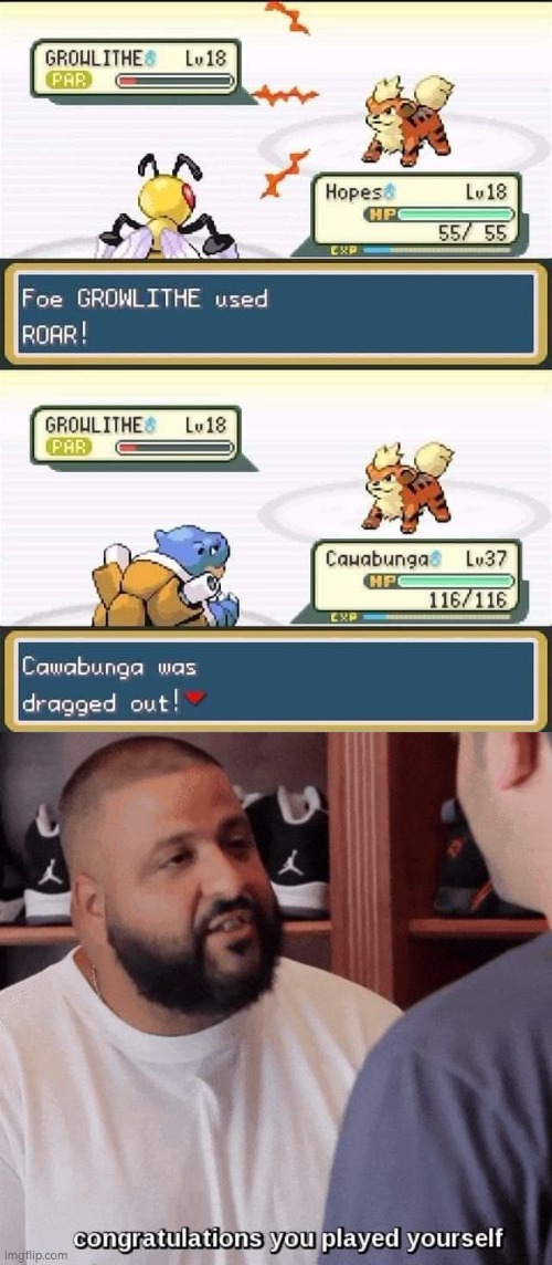 Goodbye, Growlithe. | image tagged in congratulations you played yourself,growlithe | made w/ Imgflip meme maker
