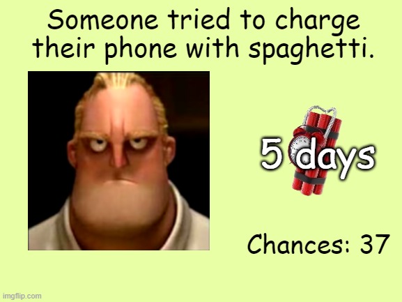 Mr Incredible Error 1 (Part 3C) | Someone tried to charge their phone with spaghetti. 5 days; Chances: 37 | image tagged in barney error | made w/ Imgflip meme maker