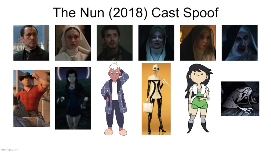 Credit to Waldness Topic International for this used | image tagged in meme,memes,spoof cast,the nun,characters,roles | made w/ Imgflip meme maker