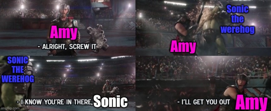 Sonic the werehog; Amy; Amy; SONIC THE WEREHOG; Amy; Sonic | image tagged in i know you're in there banner i'll get you out,sonic unleashed | made w/ Imgflip meme maker