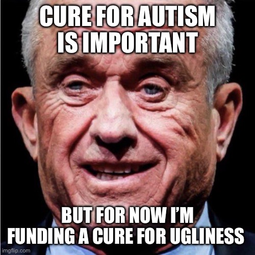 Maybe a tad in violation | CURE FOR AUTISM IS IMPORTANT; BUT FOR NOW I’M FUNDING A CURE FOR UGLINESS | image tagged in rfk jr,memes | made w/ Imgflip meme maker