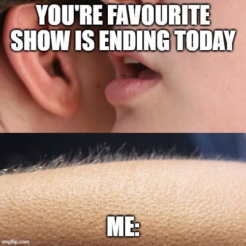 Whisper and Goosebumps | YOU'RE FAVOURITE SHOW IS ENDING TODAY; ME: | image tagged in whisper and goosebumps | made w/ Imgflip meme maker