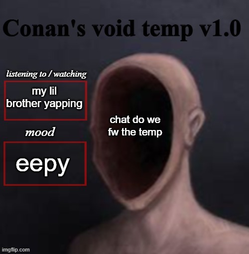 conan void temp | my lil brother yapping; chat do we fw the temp; eepy | image tagged in conan void temp | made w/ Imgflip meme maker