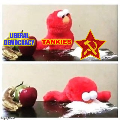 liberal communism is an oxymoron | LIBERAL DEMOCRACY; TANKIES | image tagged in elmo cocaine,liberal,democracy,communism | made w/ Imgflip meme maker