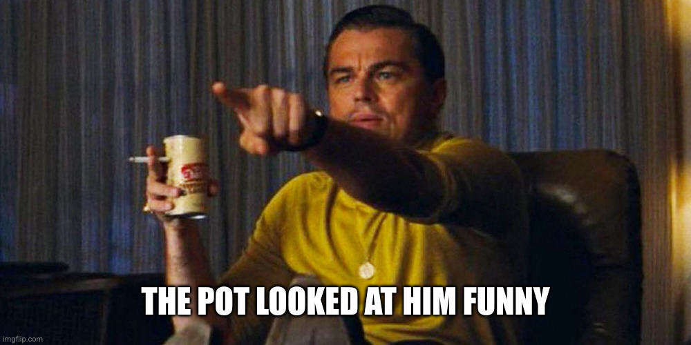 Leo pointing | THE POT LOOKED AT HIM FUNNY | image tagged in leo pointing | made w/ Imgflip meme maker
