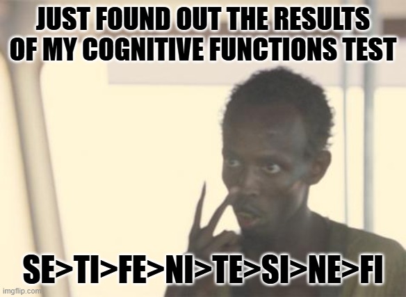 what am i then? | JUST FOUND OUT THE RESULTS OF MY COGNITIVE FUNCTIONS TEST; SE>TI>FE>NI>TE>SI>NE>FI | image tagged in i'm the captain now | made w/ Imgflip meme maker