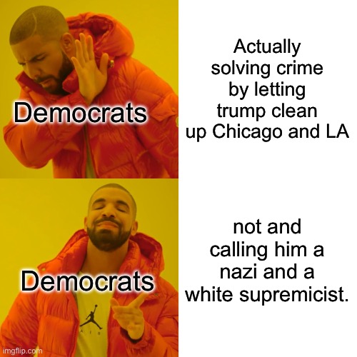 Drake Hotline Bling Meme | Actually solving crime by letting trump clean up Chicago and LA not and calling him a nazi and a white supremicist. Democrats Democrats | image tagged in memes,drake hotline bling | made w/ Imgflip meme maker
