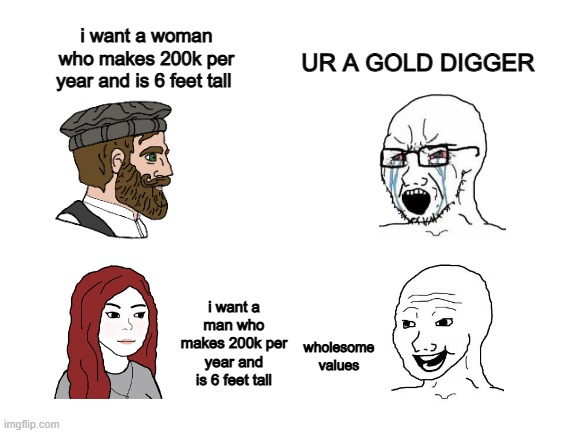 radical feminism be like | UR A GOLD DIGGER; i want a woman who makes 200k per year and is 6 feet tall; i want a man who makes 200k per year and is 6 feet tall; wholesome values | image tagged in wojak,feminism | made w/ Imgflip meme maker
