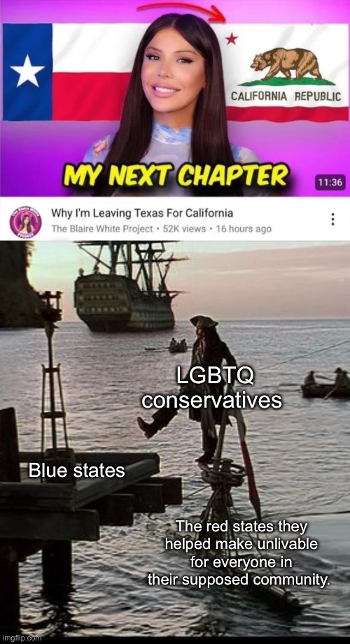 Self hating queers escaping the consequences of their actions. | LGBTQ conservatives; Blue states; The red states they helped make unlivable for everyone in their supposed community. | image tagged in jack sparrow dock scene,lgbtq,transgender,conservatives | made w/ Imgflip meme maker