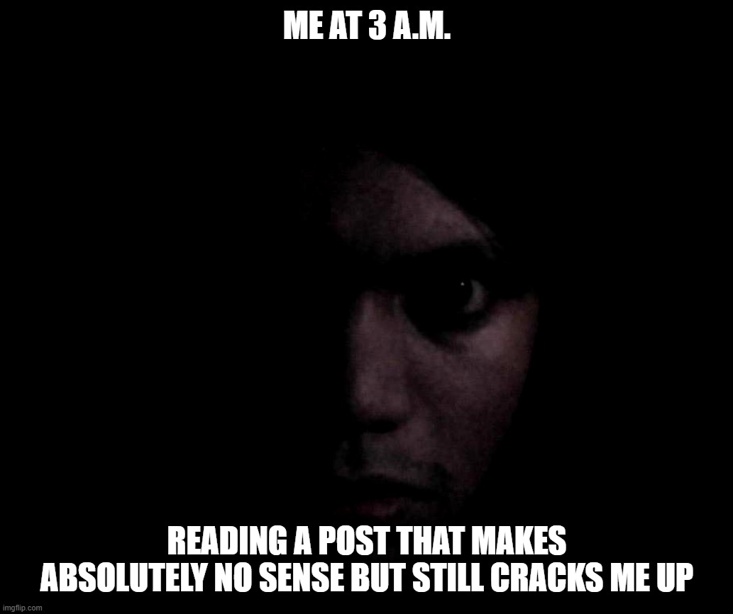 3AM | ME AT 3 A.M. READING A POST THAT MAKES ABSOLUTELY NO SENSE BUT STILL CRACKS ME UP | image tagged in 3a m | made w/ Imgflip meme maker