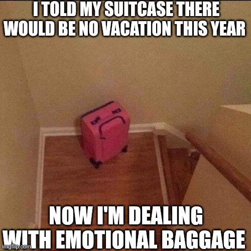 I Told My Suitcase There Would Be No Vacation This Year Now I'm Dealing With Emmotional Baggage | I TOLD MY SUITCASE THERE WOULD BE NO VACATION THIS YEAR; NOW I'M DEALING WITH EMOTIONAL BAGGAGE | image tagged in chrisjoines1 | made w/ Imgflip meme maker