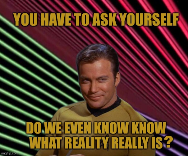 The Final Frontier | YOU HAVE TO ASK YOURSELF; DO WE EVEN KNOW KNOW WHAT REALITY REALLY IS; ? | image tagged in star trek,kirk smirk,max headroom,reality,reality can be whatever i want,alternate reality | made w/ Imgflip meme maker