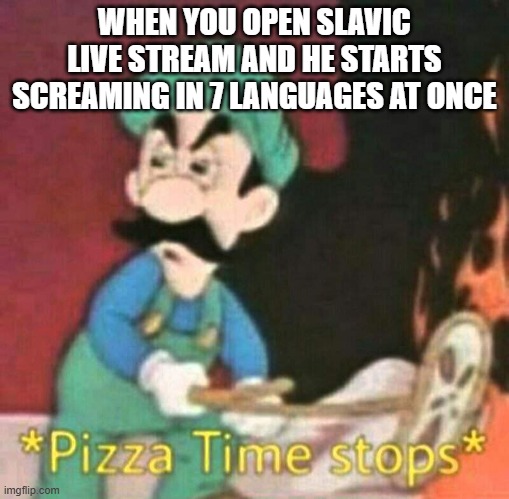 Pizza time stops | WHEN YOU OPEN SLAVIC LIVE STREAM AND HE STARTS SCREAMING IN 7 LANGUAGES AT ONCE | image tagged in pizza time stops,slavic live | made w/ Imgflip meme maker