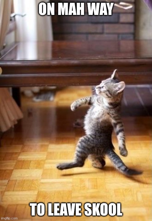 Cool Cat Stroll Meme | ON MAH WAY; TO LEAVE SKOOL | image tagged in memes,cool cat stroll | made w/ Imgflip meme maker