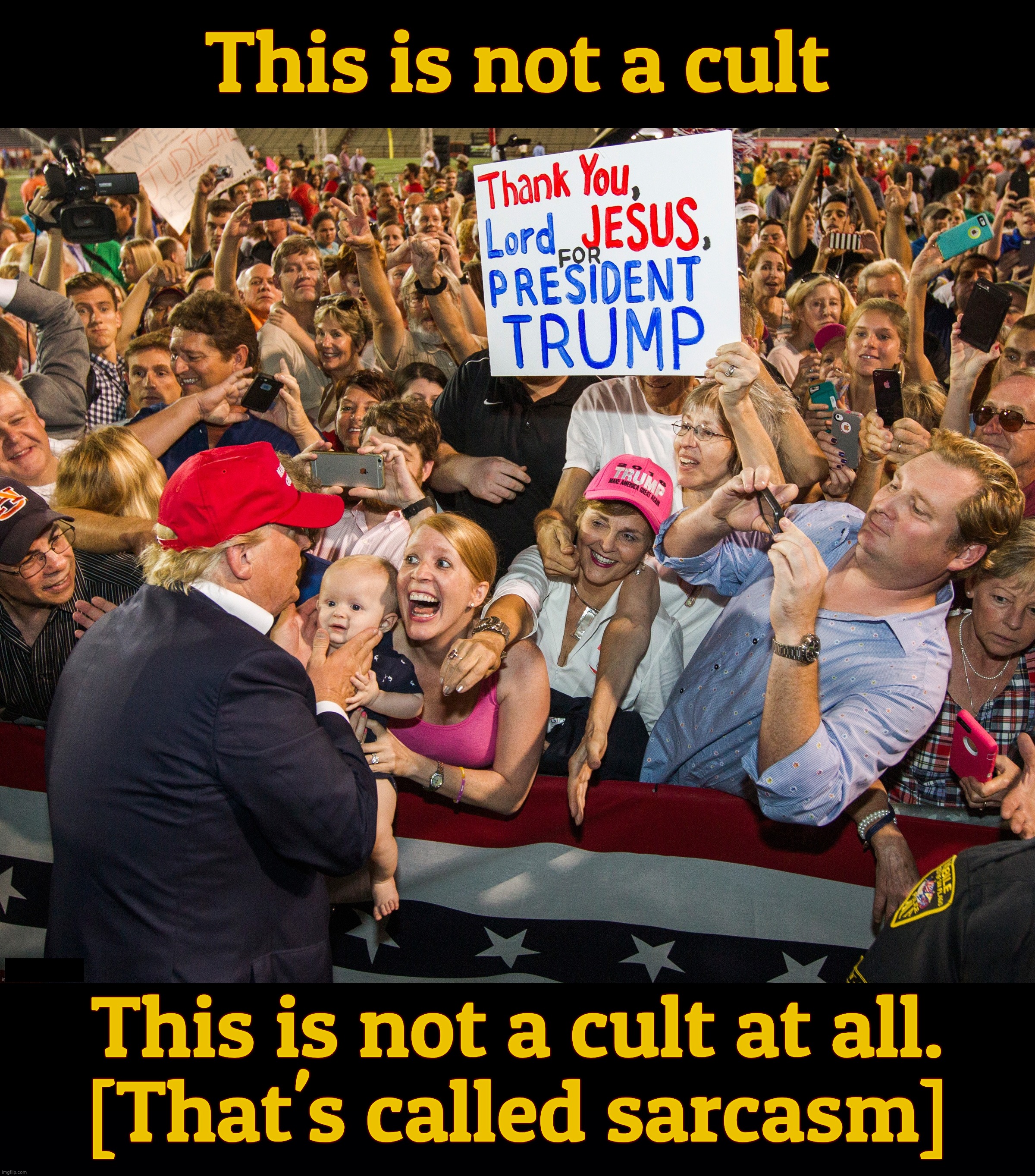 Some people are deprived of company so they're lonely. Some people are deprived of oxygen to the brain and it shows | This is not a cult; This is not a cult at all.
[That's called sarcasm] | image tagged in trump maga crowd,magat cult,cult 45,cult 47,walks quacks duck,and people say oxygen deprivation to the brain is a bad thing | made w/ Imgflip meme maker
