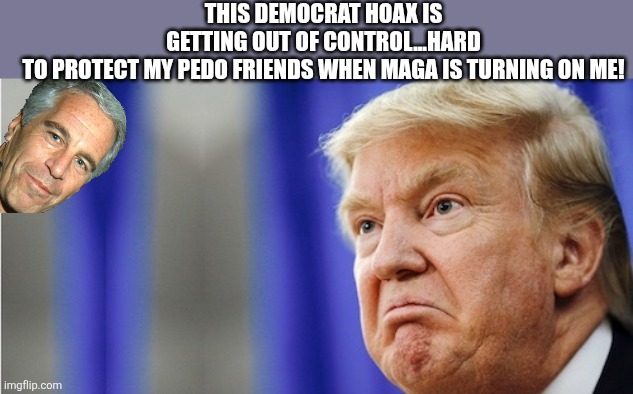 Democrat hoax | THIS DEMOCRAT HOAX IS GETTING OUT OF CONTROL...HARD TO PROTECT MY PEDO FRIENDS WHEN MAGA IS TURNING ON ME! | image tagged in donald trump,trump,maga,jeffrey epstein,epstein,nevertrump | made w/ Imgflip meme maker