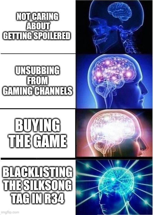 Not getting spoilered guide | NOT CARING  ABOUT GETTING SPOILERED; UNSUBBING FROM GAMING CHANNELS; BUYING THE GAME; BLACKLISTING THE SILKSONG TAG IN R34 | image tagged in memes,expanding brain | made w/ Imgflip meme maker