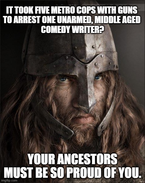 viking reacts to graham linehan arrest | IT TOOK FIVE METRO COPS WITH GUNS 
TO ARREST ONE UNARMED, MIDDLE AGED 
COMEDY WRITER? YOUR ANCESTORS MUST BE SO PROUD OF YOU. | image tagged in viking | made w/ Imgflip meme maker