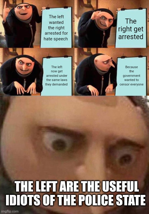 The left wanted the right arrested for hate speech; The right get arrested; The left now get arrested under the same laws they demanded; Because the government wanted to censor everyone; THE LEFT ARE THE USEFUL IDIOTS OF THE POLICE STATE | image tagged in memes,gru's plan,gru meme | made w/ Imgflip meme maker