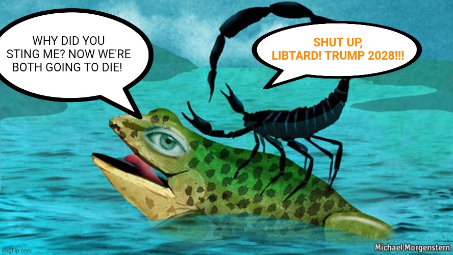 The Scorpion and the Frog | SHUT UP, LIBTARD! TRUMP 2028!!! WHY DID YOU STING ME? NOW WE'RE BOTH GOING TO DIE! | image tagged in the scorpion and the frog | made w/ Imgflip meme maker