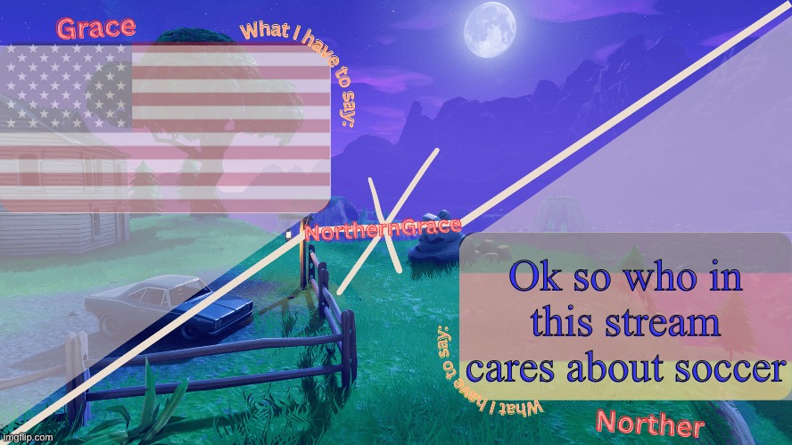Saying it in the American-friendly way | Ok so who in this stream cares about soccer | image tagged in northerngrace temp | made w/ Imgflip meme maker