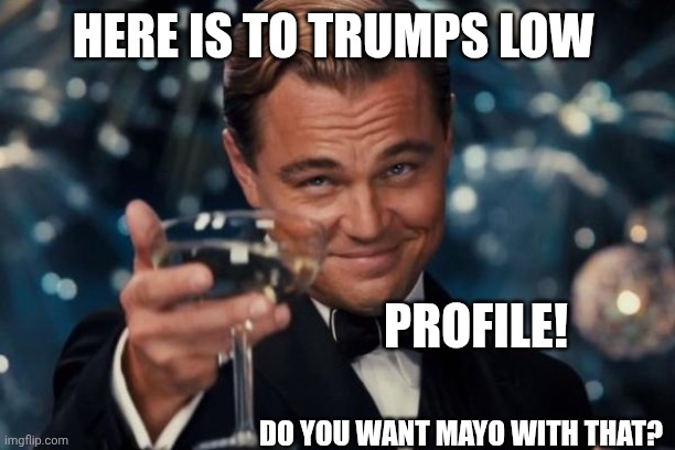 Unfeatured for others insults in comments... | HERE IS TO TRUMPS LOW; PROFILE! DO YOU WANT MAYO WITH THAT? | image tagged in memes,leonardo dicaprio cheers | made w/ Imgflip meme maker