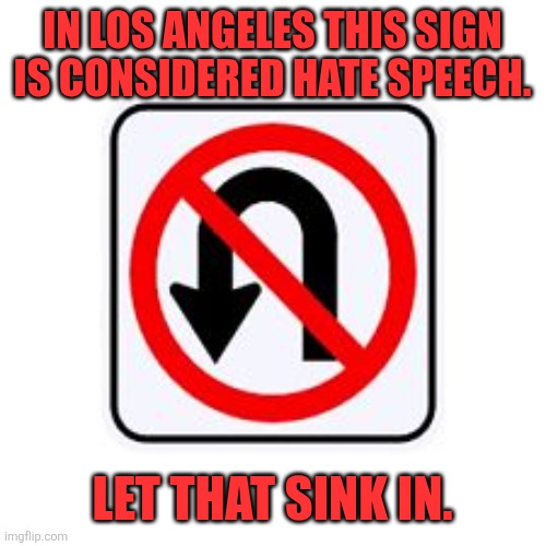 Everything and nothing is hate speech. | IN LOS ANGELES THIS SIGN IS CONSIDERED HATE SPEECH. LET THAT SINK IN. | image tagged in no u turn sign | made w/ Imgflip meme maker