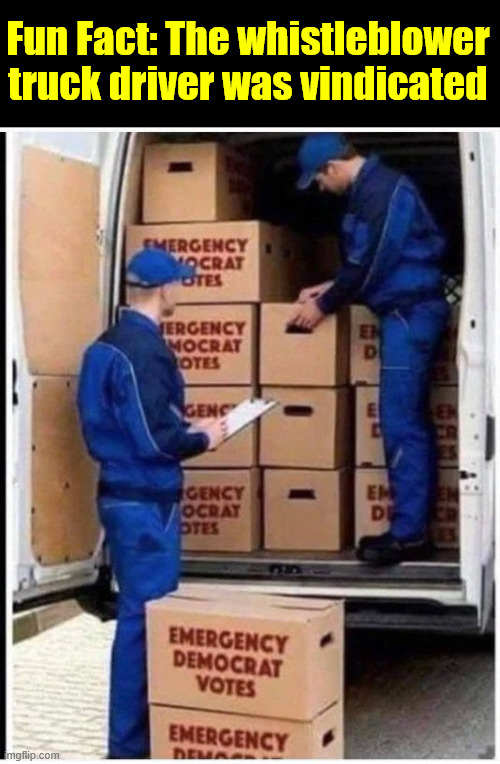 Who coordinated the stoppage of ballot counting in 6 swing states? | Fun Fact: The whistleblower truck driver was vindicated | image tagged in more proof,2022 election was stolen | made w/ Imgflip meme maker
